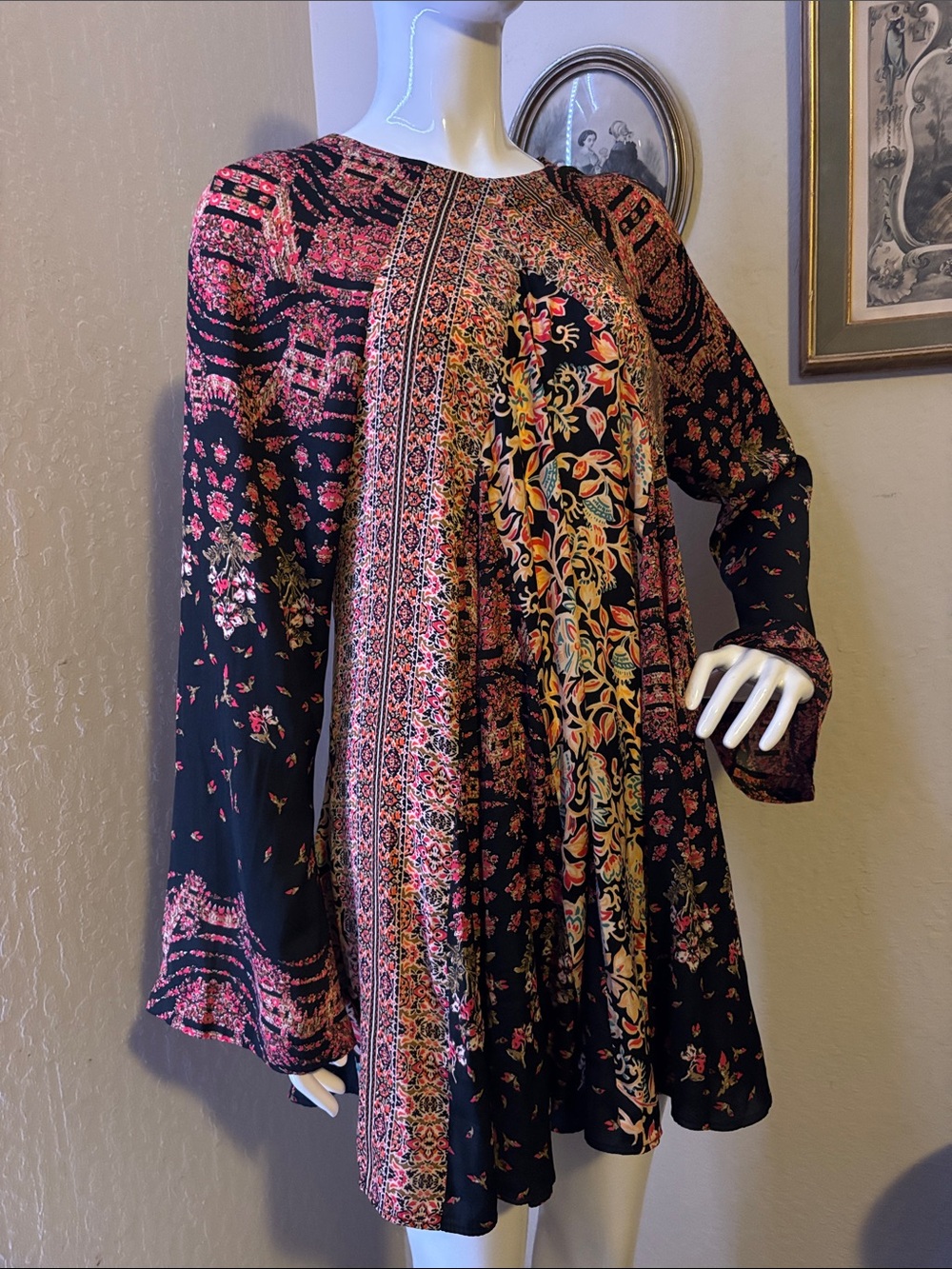 Free People Black Floral Paisley Long-Sleeve Swing Dress